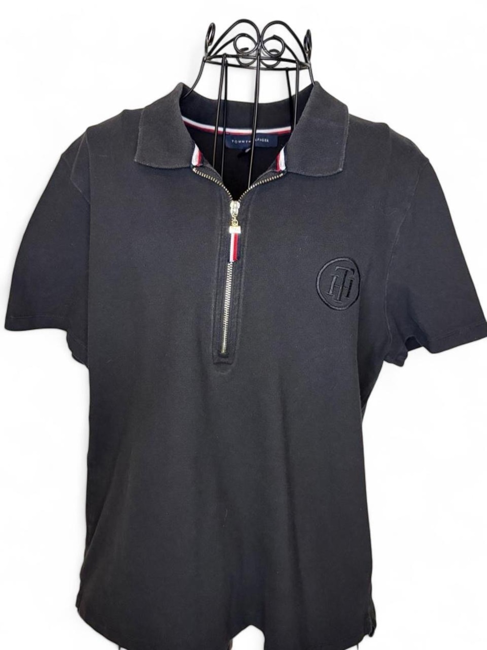 Tommy Hilfiger Black Short-Sleeve Half-Zip Polo with Embroidered Monogram